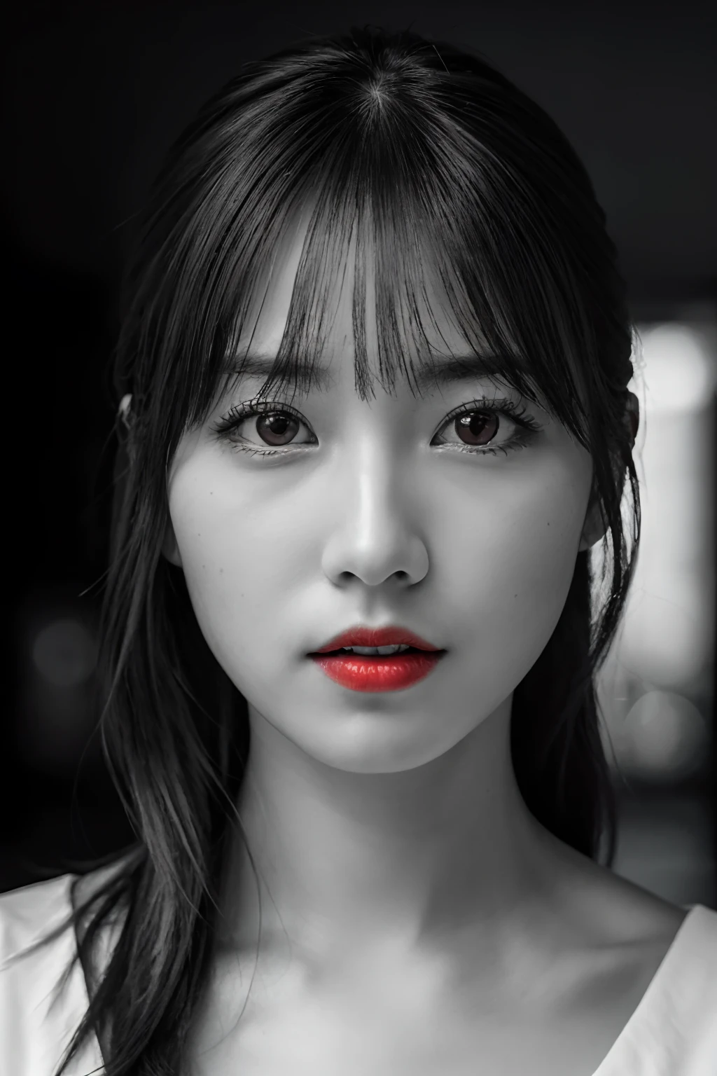 masutepiece, Best Quality, Photorealsitic, Ultra-detailed, finely detail, hight resolution, 8k wallpaper, Raw photography, Professional, high level of detail, (((Monochrome photography))), 1girl in, (Facing the front), The upper part of the body, face perfect, ((Only lips red))