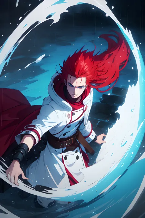a young teen, long red hairs, wearing white fluffy overcoat, blue eyes, rain effects, water abilities
