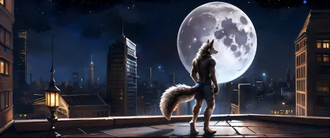 ((Solo)), male people, anthro wolf, (Multi-colored fur, White-brown:1.3, White tail pointed), ((Wolf face, White hair, Big eyes,...