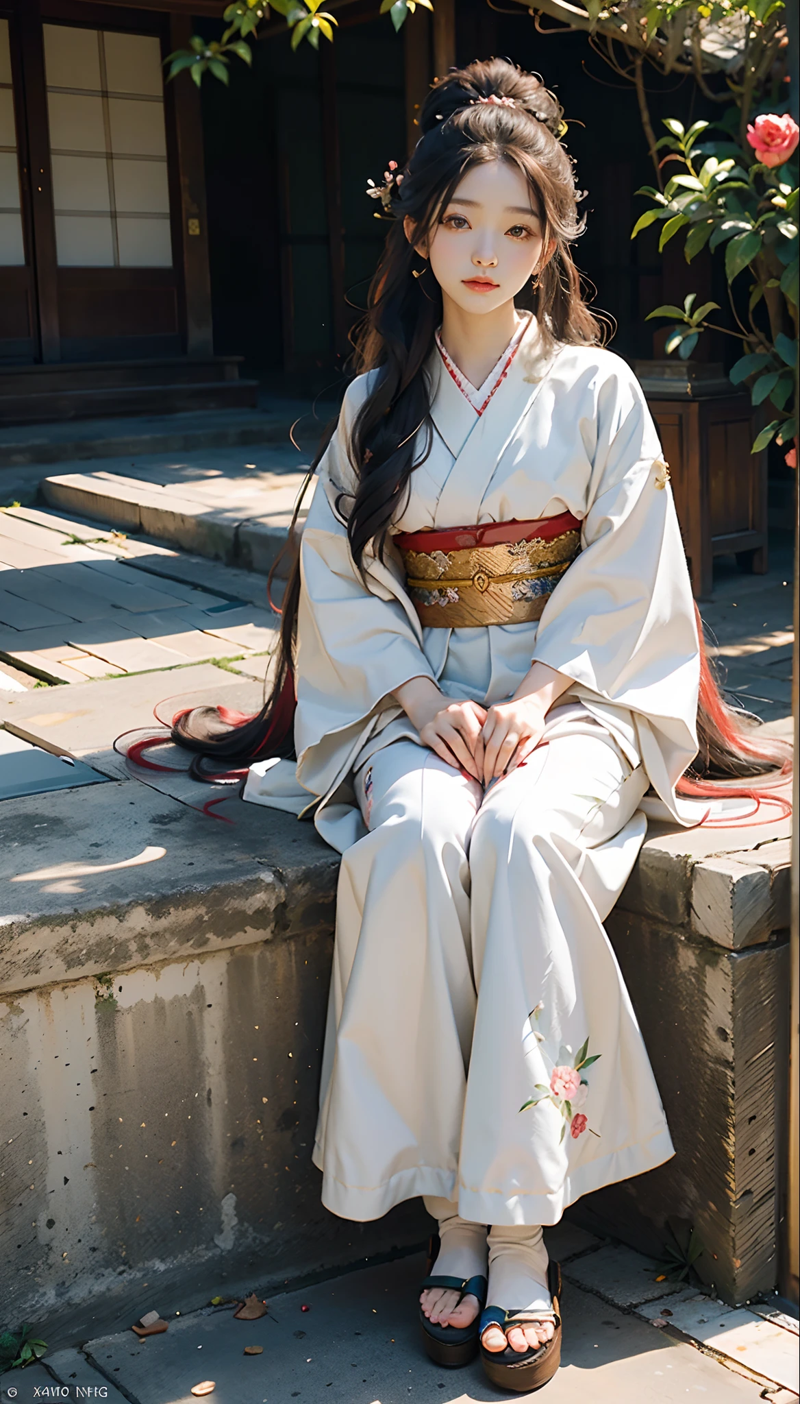 meticulous portrayal of face，1 noblewoman，(Hairpins)，(Camellia kimono)，(Long flowing colored hair)，Simple and elegant Japanese clothing，Collar，(black sock+，clogs)， s the perfect face， perfect hand， Perfect Finger， Perfect lips， perfect  eyes，Extremely normal body，Ancient Japanese town background，Perfect background