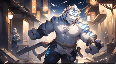 (by null-ghost, by thebigslick, By Darkgem, by Honovy), Kogenta (Onmyoji Oyamaji Temple), high-definition photograph, Perfect anatomy, Anthropomorphic white tiger, male people, 20yr old, Thick eyebrows, Light blue stripes, Strong body, large pecs, Bare top...