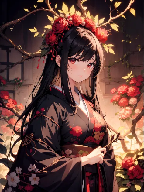 1 girl , standing in front of flowers hedge and  Thorns,character focus , front, black hair,Japanese clothing, background full-v...