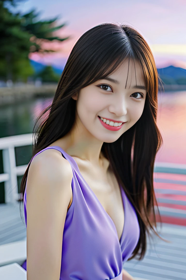 (((Draw only one woman: 2))), (Large cruiser sailing at sea)、(Beautiful Japan woman sitting on deck chair on deck)、(Beautiful purple sunset)、Beautiful woman in fashionable resort dress、(( 1screen))、4K, RAW shot, top quality photo, ​masterpiece, Nice realistic photos, ((Anatomically correct proportions : 1.5)), ((perfectly proportions)), beautiful woman like a Japanese actress, a small face、Detailed face, Detailed eyes, Narrow Nose, Detailed fingers, detailed arms, Detailed skin, Detailed legs, (((short torso:1.1 ))), (( Slim Style)), (Slender waist), ((Slender thighs: 1.2))), ((Colossal tits: 1.5)), Small beautiful ass, (shiny long hair)、happily laughing、Angle from the side、(Big breasts that are about to tear off the dress)、18-year-old beauty