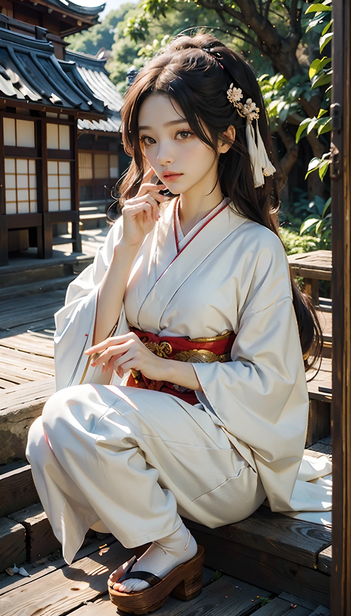 meticulous portrayal of face，1 noblewoman，(Hairpins)，(Camellia kimono)，(Long flowing colored hair)，Simple and elegant Japanese clothing，Collar，(black sock+，clogs)， s the perfect face， perfect hand， Perfect Finger， Perfect lips， perfect  eyes，Extremely normal body，Ancient Japanese town background，Perfect background