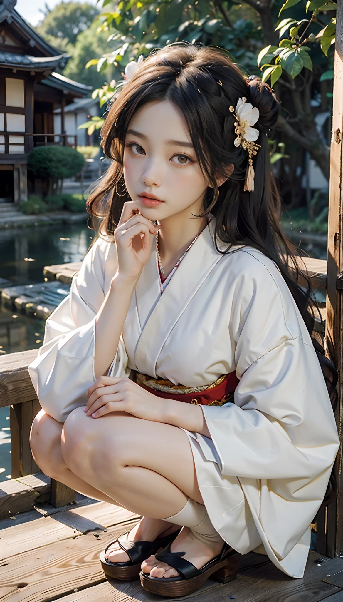 meticulous portrayal of face，1 noblewoman，(Hairpins)，(Camellia kimono)，(Long flowing colored hair)，Simple and elegant Japanese clothing，Collar，(black sock+，clogs)， s the perfect face， perfect hand， Perfect Finger， Perfect lips， perfect  eyes，Extremely normal body，Ancient Japanese town background，Perfect background