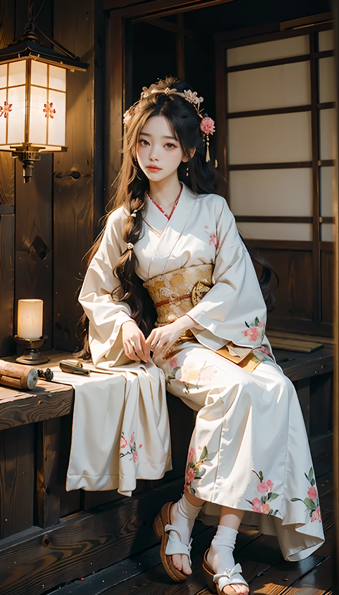 meticulous portrayal of face，1 noblewoman，(Hairpins)，(Camellia kimono)，(Long flowing colored hair)，Simple and elegant Japanese clothing，Collar，(black sock+，clogs)， s the perfect face， perfect hand， Perfect Finger， Perfect lips， perfect  eyes，Extremely normal body，Ancient Japanese town background，Perfect background