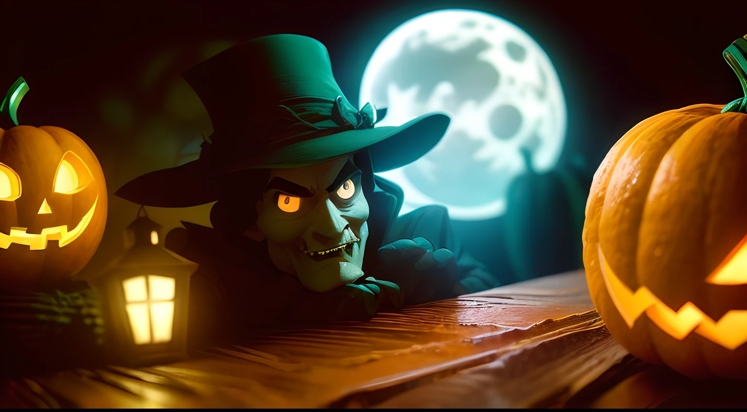 Create an image with a classic Disney-style American Halloween character, Jack O' Lanterna. Do not crop the image!! The scene is meant to be set in a Halloween-themed environment with pumpkins, Morcegos, e fantasmas decorando os arredores. Use cores tradicionais de Halloween, como laranja, preto, Purple, e verde. The image must be of maximum definition quality, com detalhes intrincados sobre o personagem e o ambiente. A cena deve incluir elementos como teias de aranha, Illuminated Pumpkin Lanterns, And a full moon in the night sky. The image should capture the essence and charm of American Halloween, evoking a sense of mystery and fun. Make sure all elements complement each other to create a visually appealing composition, staying true to the Disney aesthetic. Pay attention to the character's facial expressions and body language to convey a playful and
