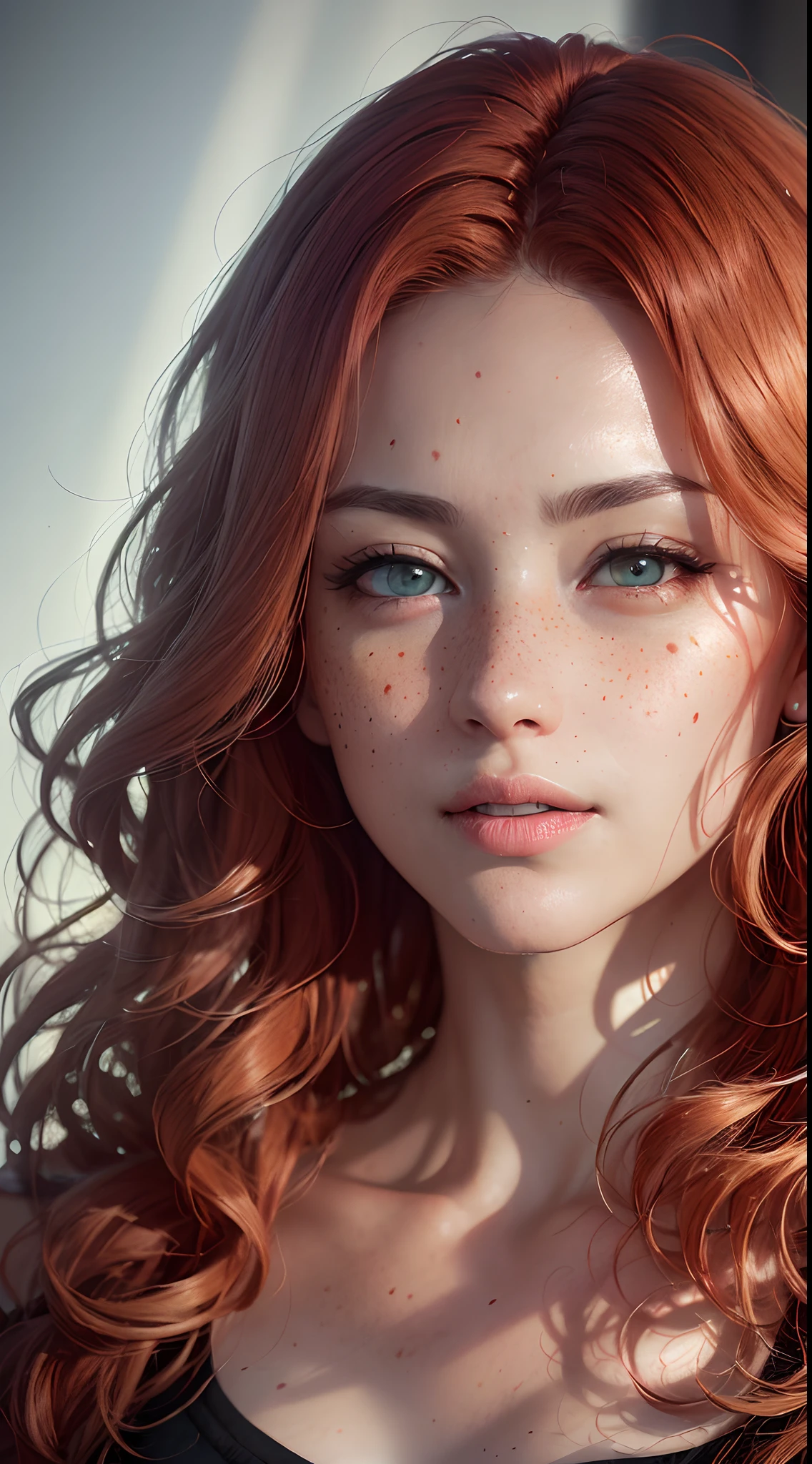 (Detailed face features:1.3), (((mature woman))), standing wearing a long dress, (high detailed skin), (curly red hair), ((red eyes, freckles, detailed lips)), slim, automatic white balance,(face close-up photo, 16k, masterpiece, best quality: 1.2), (ultra realism, hyper detailed and intricate realism: 1.3), (wide depth of field, radiant mapping, ray tracing, god rays: 1.2), High dynamic range, vivid, rich details, clear shadows and highlights, realistic, intense, enhanced contrast,