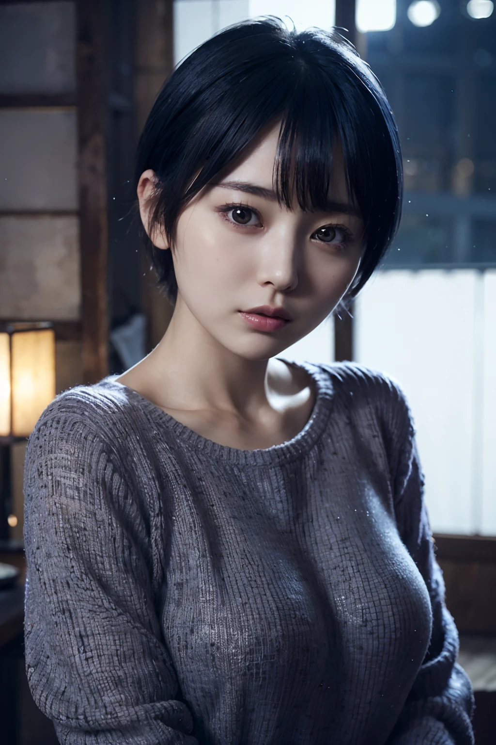 one woman,sweater,,gleaming skin,cute face,big eyes,cool face,short hair,blueviolet hair,indoor,night,masterpiece, extremely fine and beautiful,photorealistic,boyish,japanese