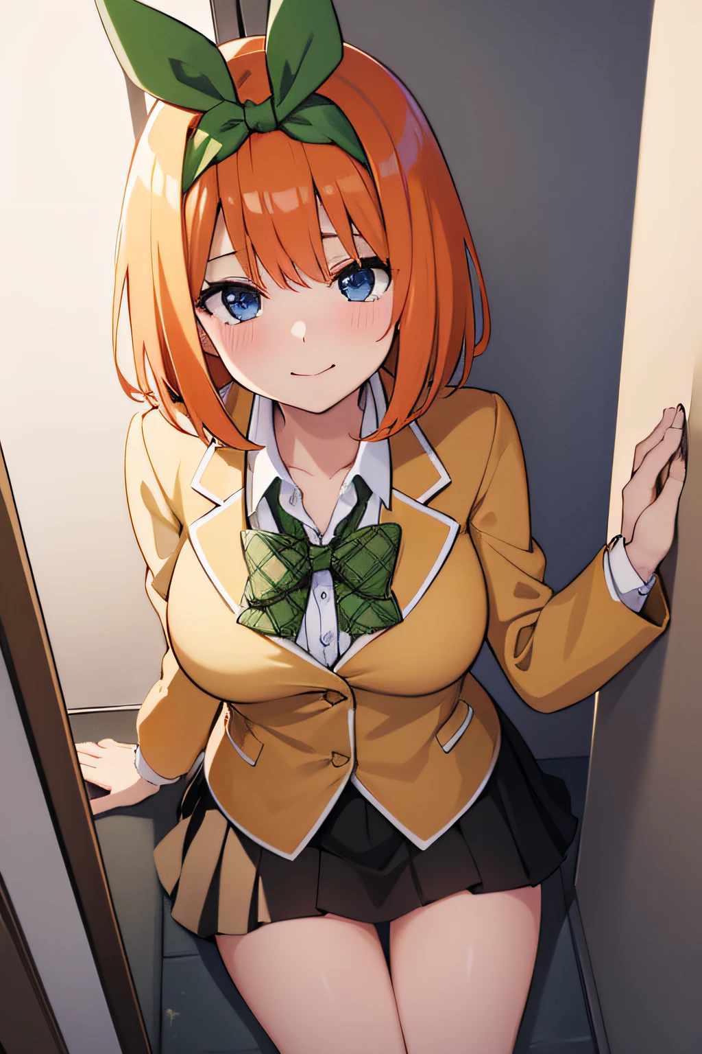 Anime girl with orange hair and green bow in a school uniform - SeaArt AI