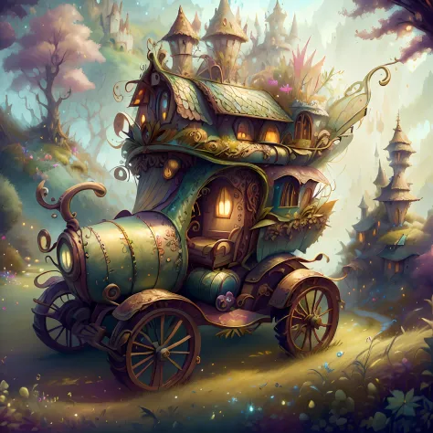 Model DreamShaper ,FairyTaleAI, An unusual carriage made of leaves and grass stands on the road against the background of a moun...