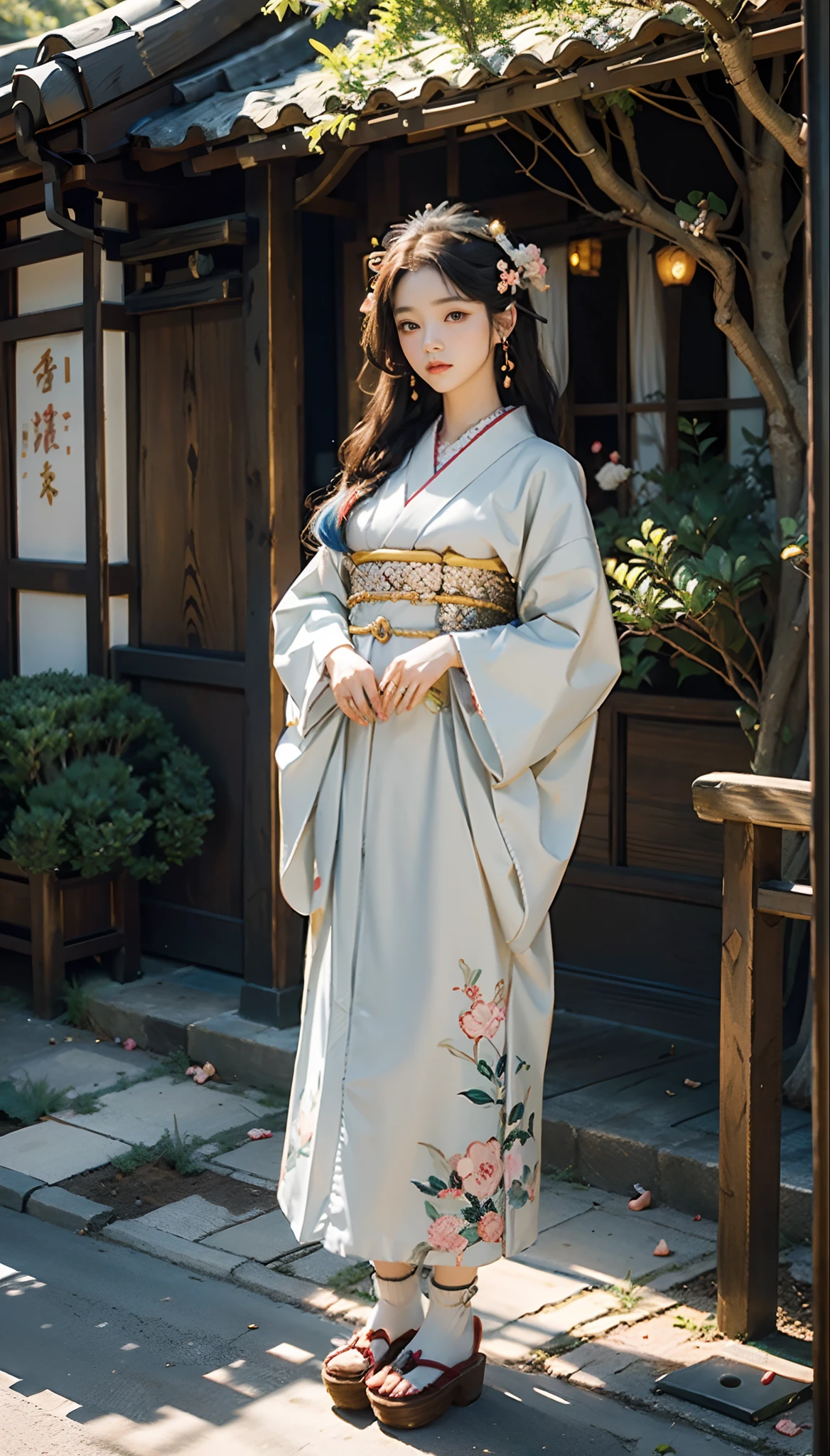 meticulous portrayal of face，1 noblewoman，(Hairpins)，(Camellia kimono)，(Long flowing colored hair)，Simple and elegant Japanese clothing，Collar，(black sock+，clogs)， s the perfect face， perfect hand， Perfect Finger， Perfect lips， perfect  eyes，Extremely normal body，Ancient Japanese town background，Perfect background