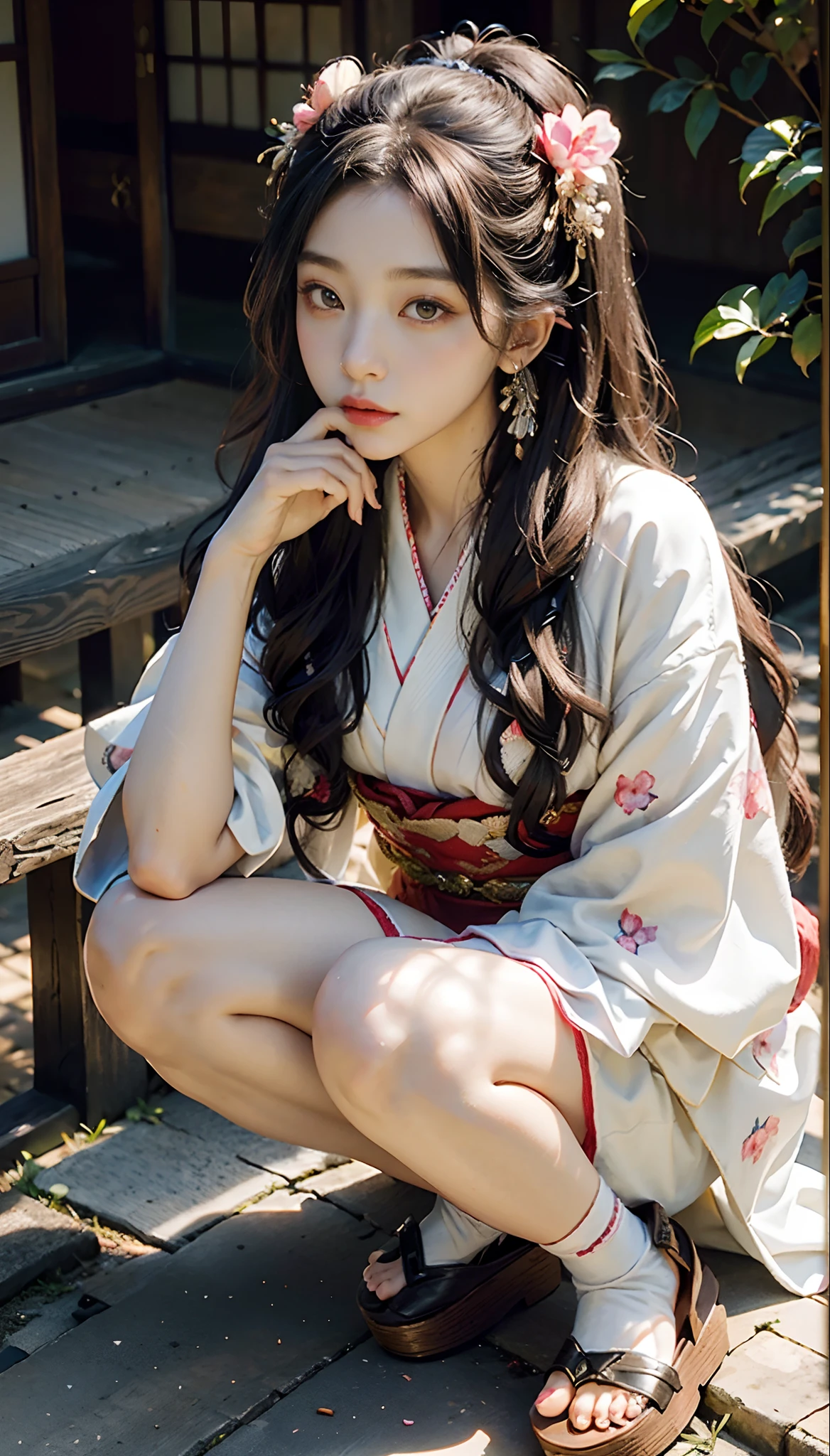 meticulous portrayal of face，1 noblewoman，(Hairpins)，(Camellia kimono)，(Long flowing colored hair)，Simple and elegant Japanese clothing，Collar，(black sock+，clogs)， s the perfect face， perfect hand， Perfect Finger， Perfect lips， perfect  eyes，Extremely normal body，Ancient Japanese town background，Perfect background