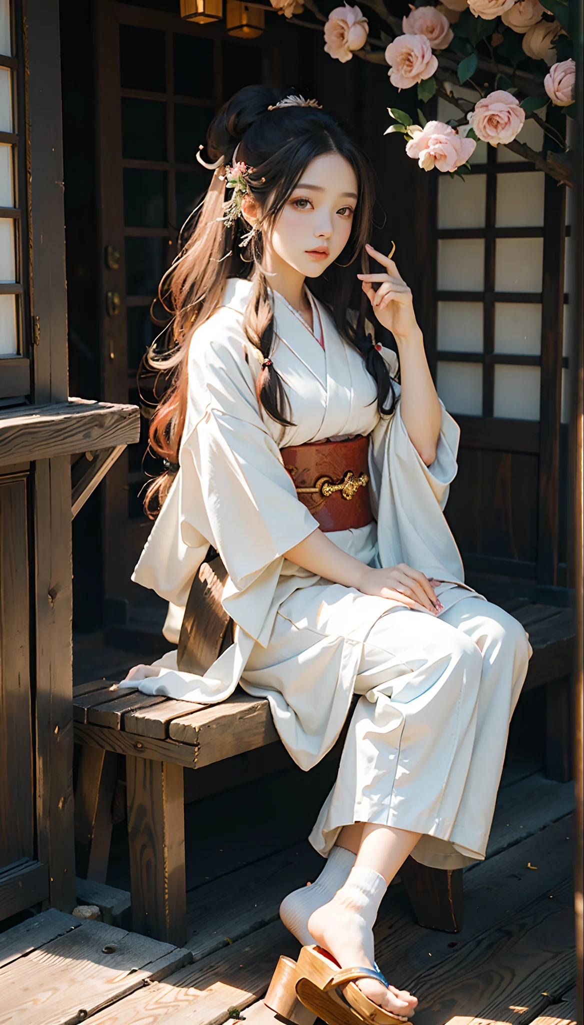 meticulous portrayal of face，1 noblewoman，(Hairpins)，(Camellia kimono)，(Long flowing colored hair)，Simple and elegant Japanese clothing，Collar，(black sock+，clogs)， s the perfect face， perfect hand， Perfect Finger， Perfect lips， perfect  eyes，Extremely normal body，Ancient Japanese town background，Perfect background