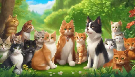 make a picture with at least 10 cats and dogs in a green park in anime style