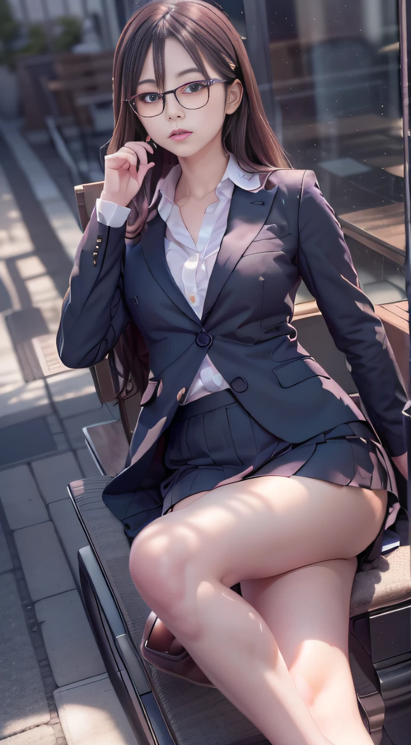 Correctly in anatomy，goddess of Japan, FULL ANATOMY,Woman in black suit and black high heels sits on bench, Cute elegant pose, wearing a suit and glasses, in a strict suit, Wearing a strict business suit, Woman with glasses, Girl in suit, Realistic Young Gravure Idol, Girl in a suit, Beautiful young woman shooting with Canon 5D MK4，((smooth hair，detailed hairs，Very fine hairs))((small tits:1.7,Thin leg,skinny thigh)),slim figure,extremely detailed eye and face、beatiful detailed eyes,Cool color makeup,Expro II，Lens Flare，Sharpen，cinematic shadow，