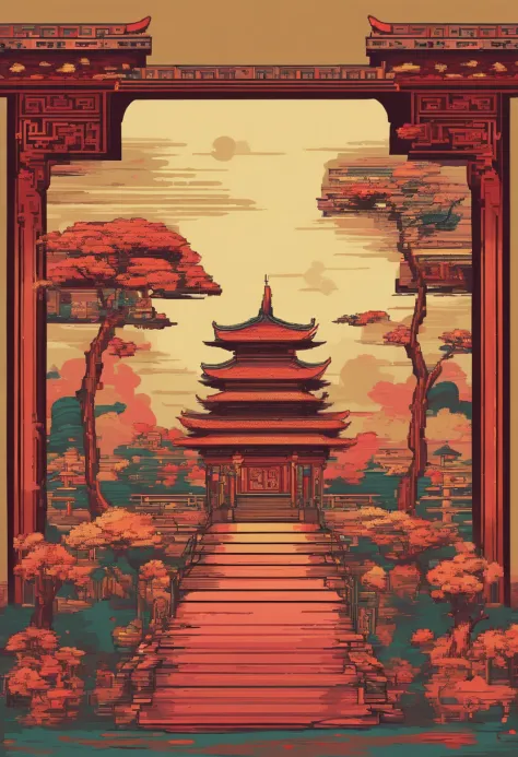On the wall of the room there is a painting with a vase, oriental wallpaper, Detailed scenery —width 672, Zen temple background, inspired by Emperor Huizong of Song, background depicting a temple, interior background art, personal room background, palace b...
