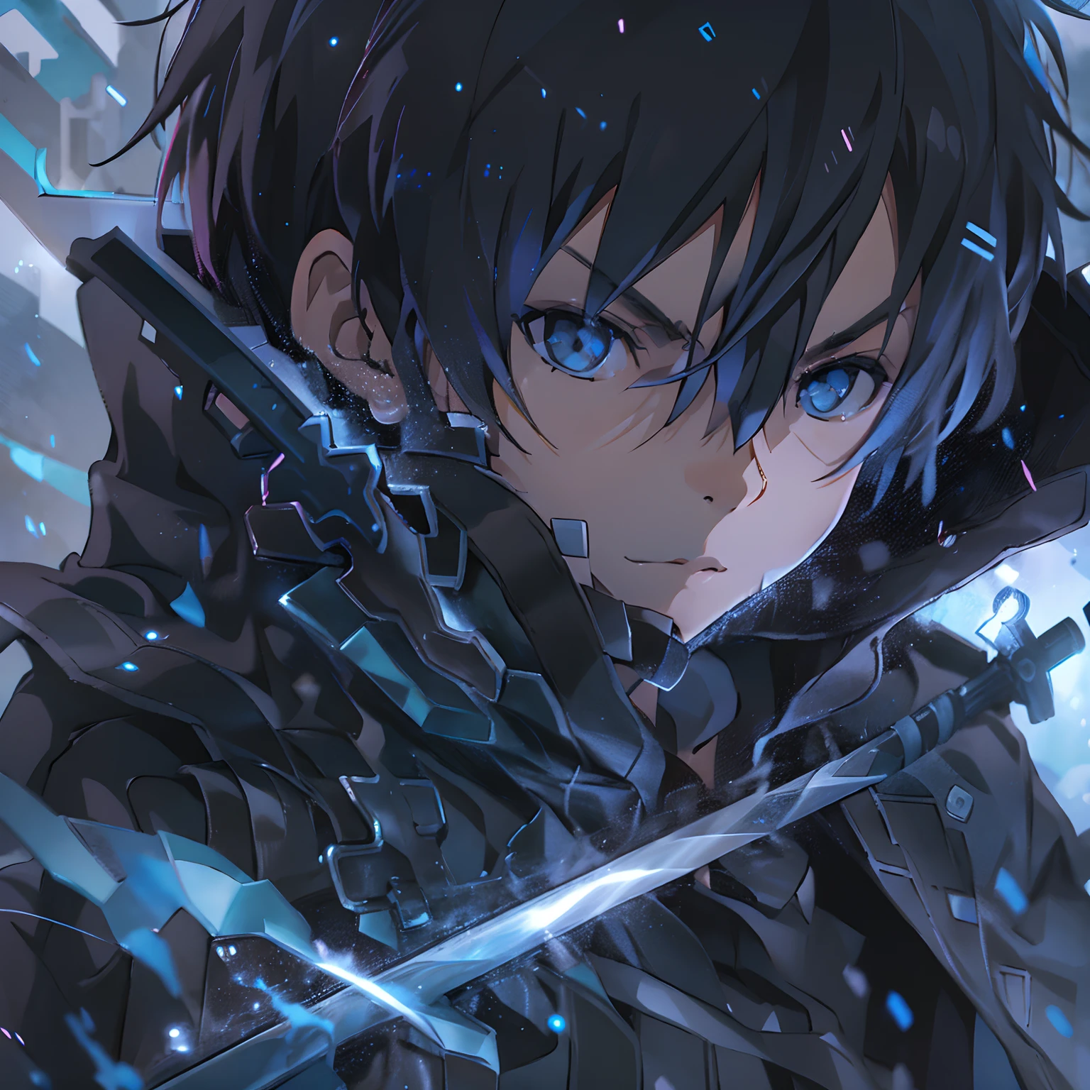 Kirito,1boy,solo,holding black and blue swords,dual weilding,black trenchcoat,black short messy hair,sword art online, raining, highest quality digital art, Stunning art, wallpaper 4k, absolutely stunning art,close up shot