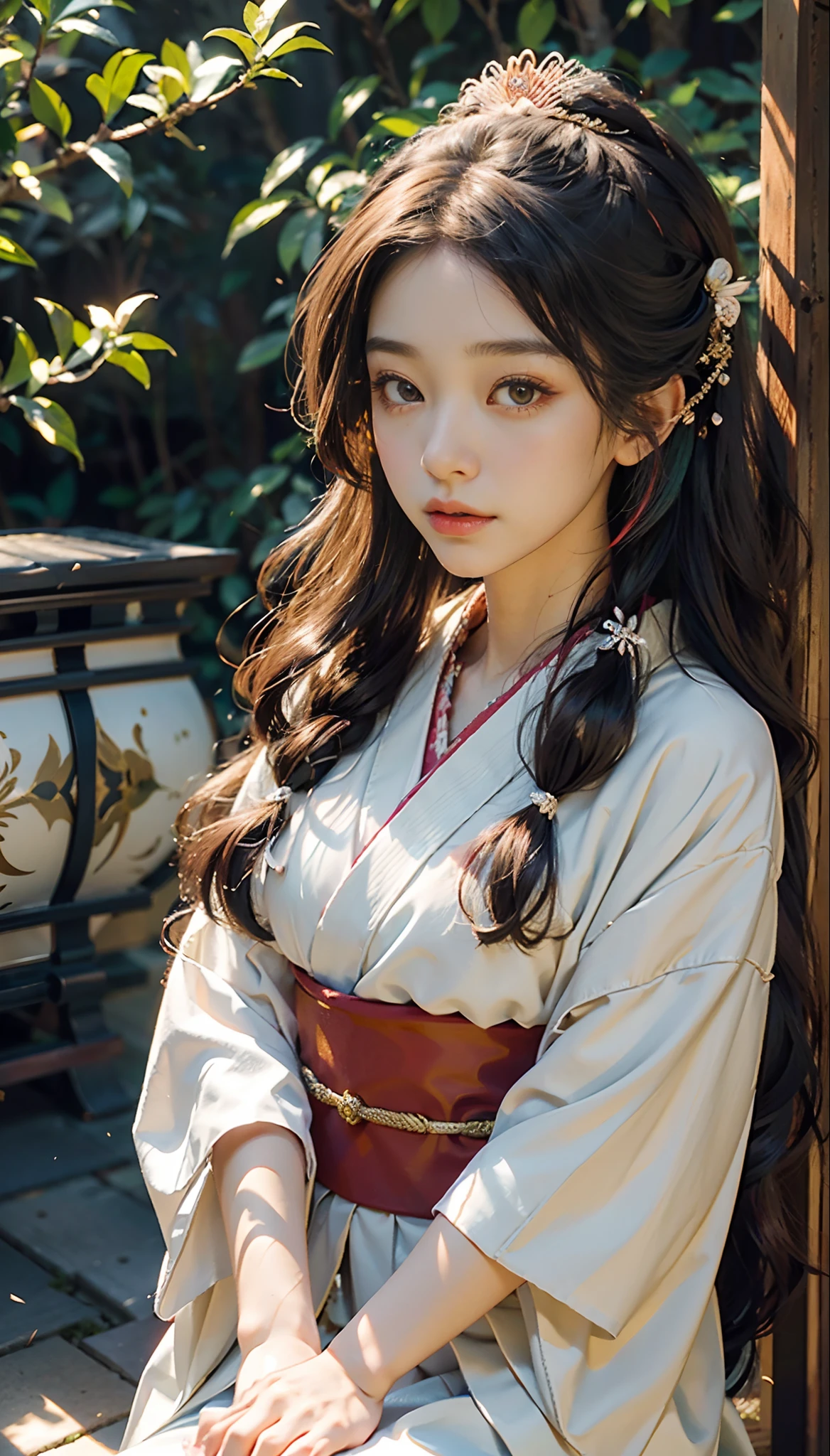 meticulous portrayal of face，1 noblewoman，(Hairpins)，(Camellia kimono)，(Long flowing colored hair)，Simple and elegant Japanese clothing，Collar，(black sock+，clogs)， s the perfect face， perfect hand， Perfect Finger， Perfect lips， perfect  eyes，Extremely normal body，Ancient Japanese town background，Perfect background