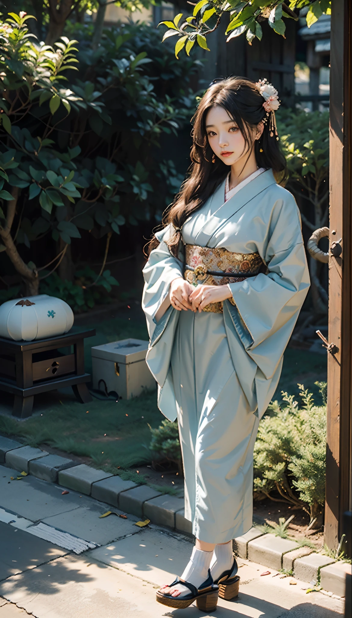 meticulous portrayal of face，1 noblewoman，(Hairpins)，(Camellia kimono)，(Long flowing colored hair)，Simple and elegant Japanese clothing，Collar，(black sock+，clogs)， s the perfect face， perfect hand， Perfect Finger， Perfect lips， perfect  eyes，Extremely normal body，Ancient Japanese town background，Perfect background