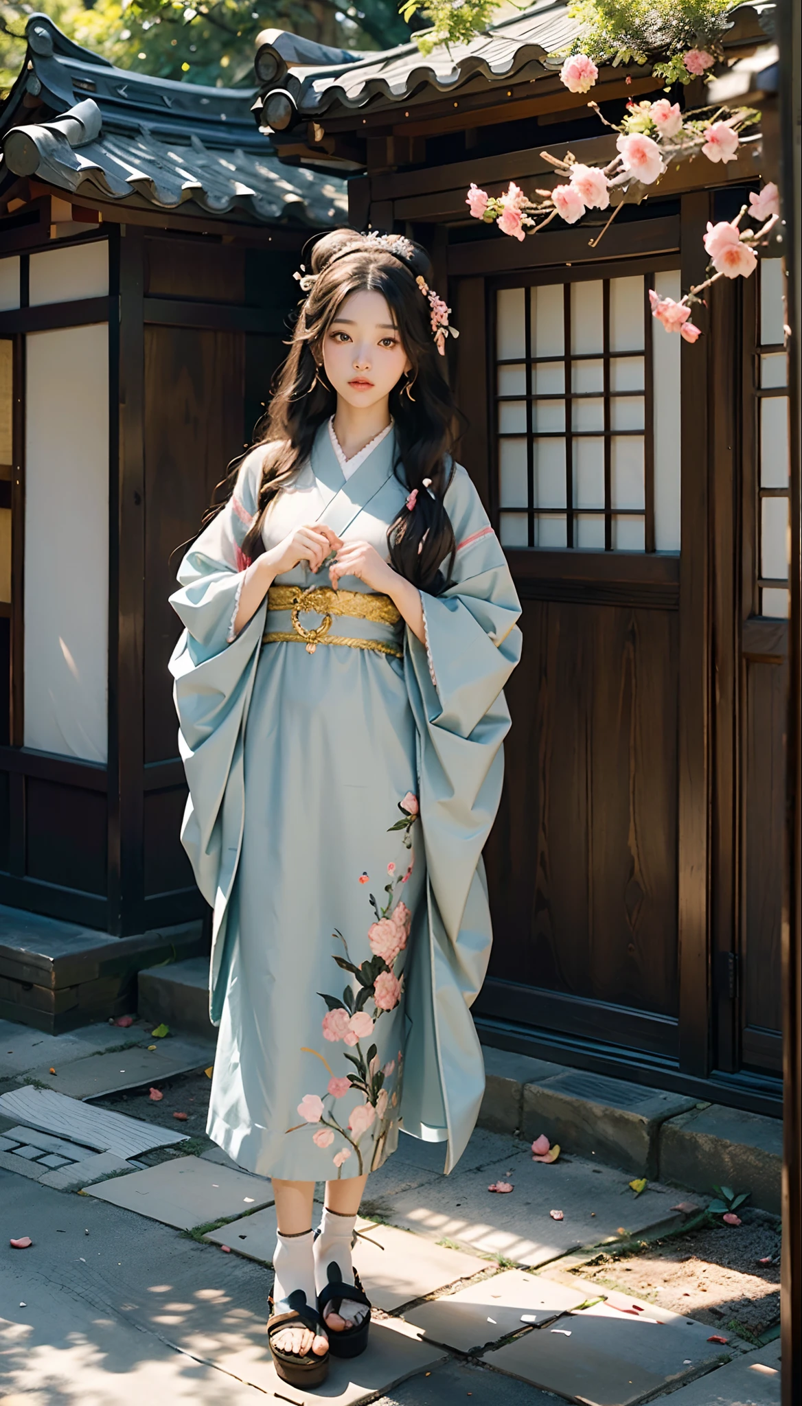 meticulous portrayal of face，1 noblewoman，(Hairpins)，(Camellia kimono)，(Long flowing colored hair)，Simple and elegant Japanese clothing，Collar，(black sock+，clogs)， s the perfect face， perfect hand， Perfect Finger， Perfect lips， perfect  eyes，Extremely normal body，Ancient Japanese town background，Perfect background