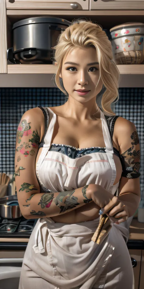 Photorealistic, high resolution, Soft light,1womanl, Solo, Hips up, (Detailed face),A woman with various tattoos and hair standi...
