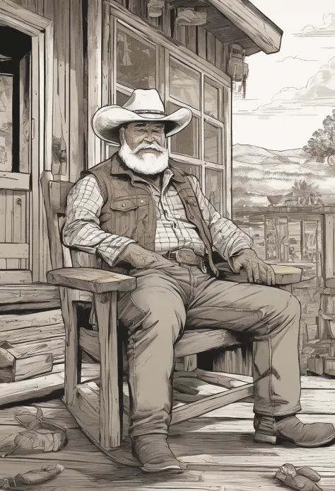 ultra detailed illustration caricature ,A 70-year-old fat cowboy sits in a rocking chair on the front porch of a saloon in Texas. He is smiling and wearing a leather hat, chaps, and boots. The cowboy wearing a bandana around his neck, He has a Winchester r...