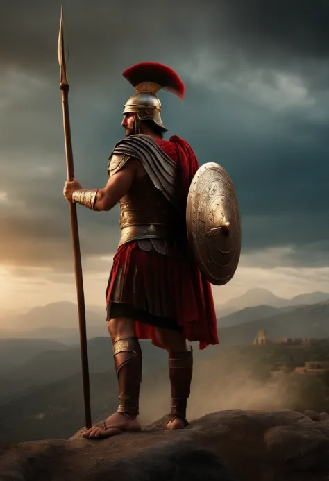 sparta soldier, standing on hill, holding a spear, ancient greece background