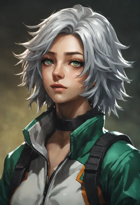 Create a female character for the My Hero Academia universe, 25-30 years old, silver hair, eyes with heterochromia green and blue, anatomically proportional body, would be, with striking eyebrows, ability to manipulate gravity.