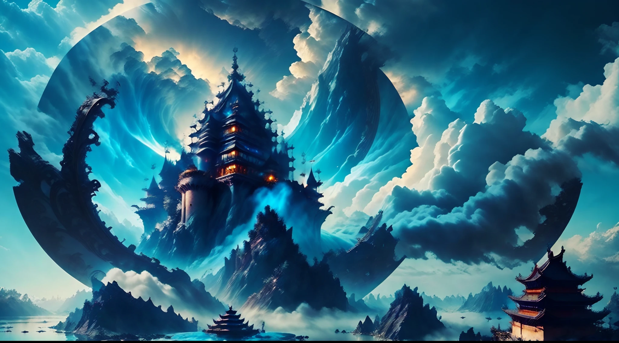 An immortal realm, a beautiful castle in the sky, a beautiful blue lake, people flying in the sky, flying swords, people dressed in battle robes, cloudy sky, floating castle in the middle of the clouds, chinese style castle