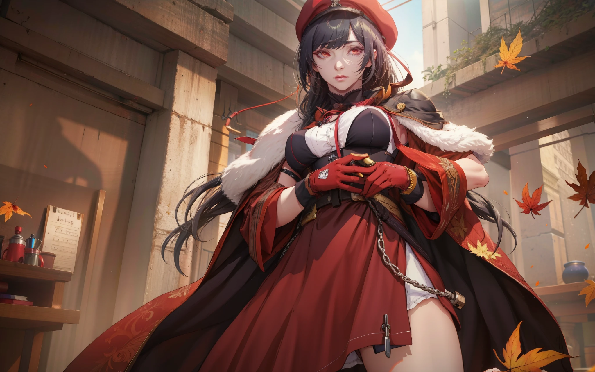 (black hair, long hair:1.7), 1girl, breasts, hat, gloves, autumn leafs, dress, solo, black_headwear, looking_at_viewer, medium_breasts, black_gloves, red_dress, torn_clothes,  standing, red_eyes, cloak, dutch_angle, from_below, indoors, holding, red_gloves, glow effects, godrays, Hand drawn, render, 8k, octane render, cinema 4d, blender, dark, atmospheric 4k ultra detailed, cinematic, Sharp focus, big depth of field, Masterpiece, colors, 3d octane render, 4k, concept art, trending on artstation, hyperrealistic, Vivid colors, extremely detailed CG unity 8k wallpaper, trending on CGSociety, Intricate, High Detail, dramatic