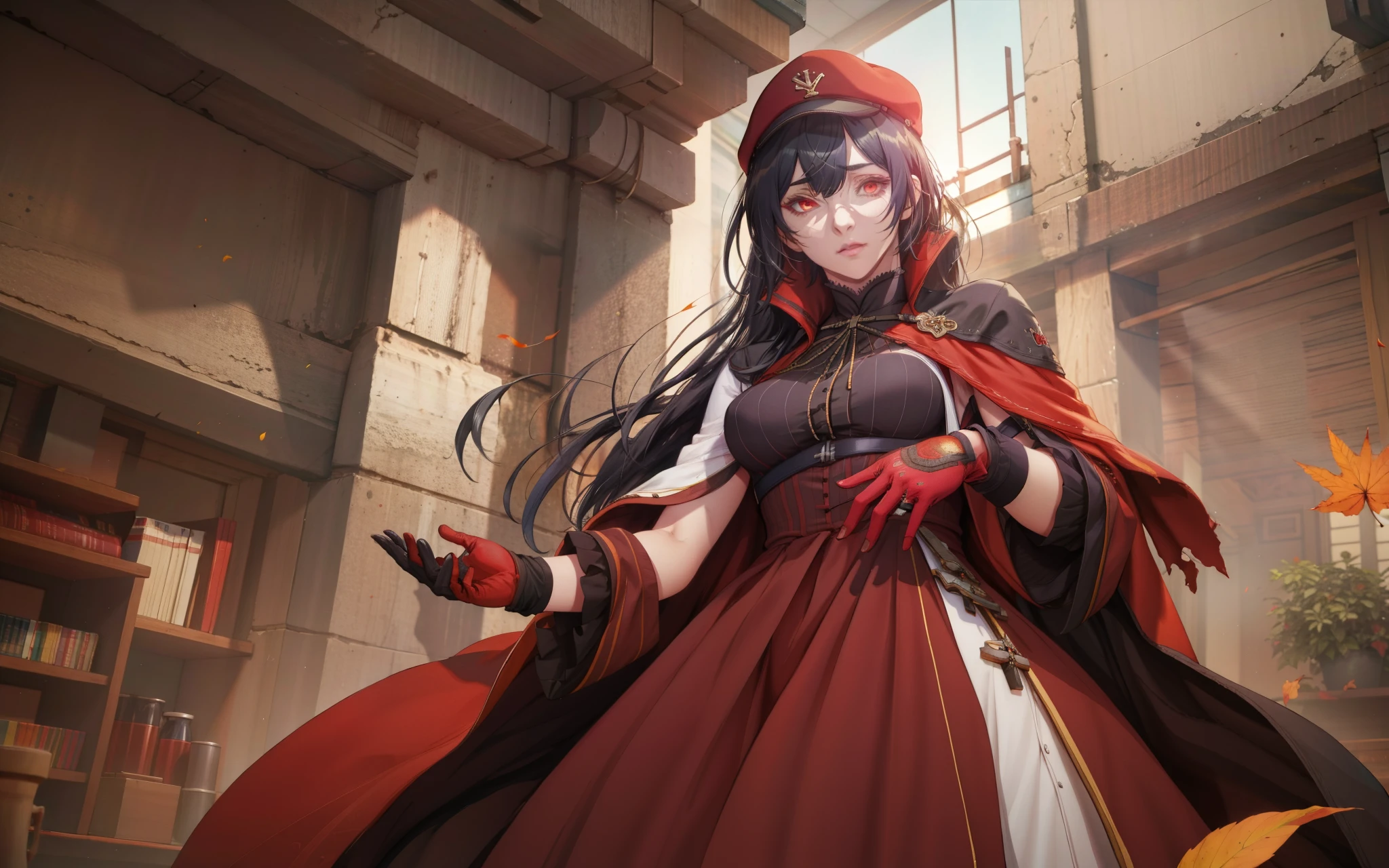 (black hair, long hair:1.7), 1girl, breasts, hat, gloves, autumn leafs, dress, solo, black_headwear, looking_at_viewer, medium_breasts, black_gloves, red_dress, torn_clothes,  standing, red_eyes, cloak, dutch_angle, from_below, indoors, holding, red_gloves, glow effects, godrays, Hand drawn, render, 8k, octane render, cinema 4d, blender, dark, atmospheric 4k ultra detailed, cinematic, Sharp focus, big depth of field, Masterpiece, colors, 3d octane render, 4k, concept art, trending on artstation, hyperrealistic, Vivid colors, extremely detailed CG unity 8k wallpaper, trending on CGSociety, Intricate, High Detail, dramatic