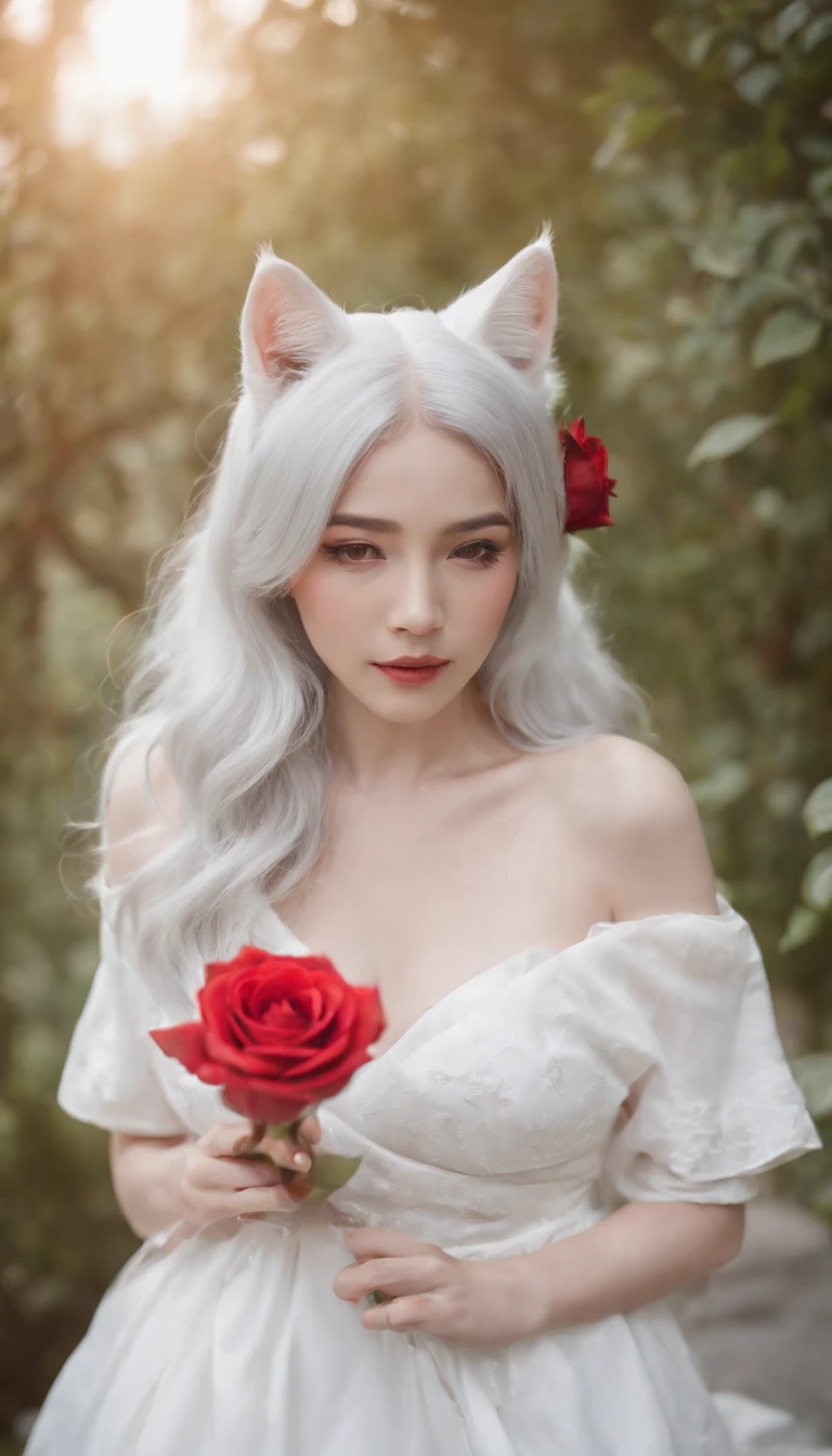 A woman with white hair and cat ears holding a rose - SeaArt AI