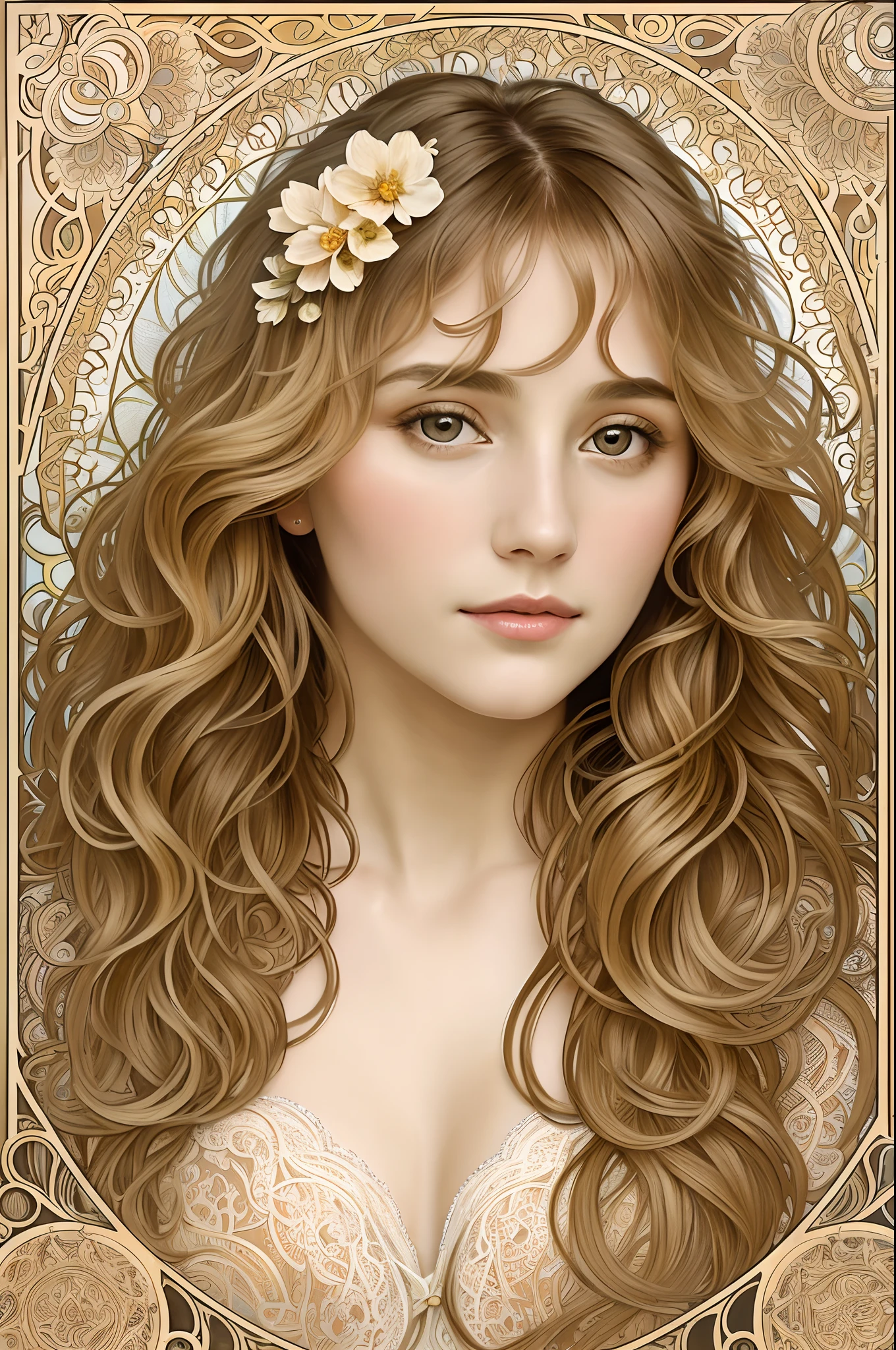 European woman's face portrait, long curly hair, blonde, flower frame, decorative panel, abstract art, by Alphonse Mucha (masterpiece, highest quality, high resolution: 1.4), detailed, intricate details, 4K, color splash, line art, Fibonacci, in underwear