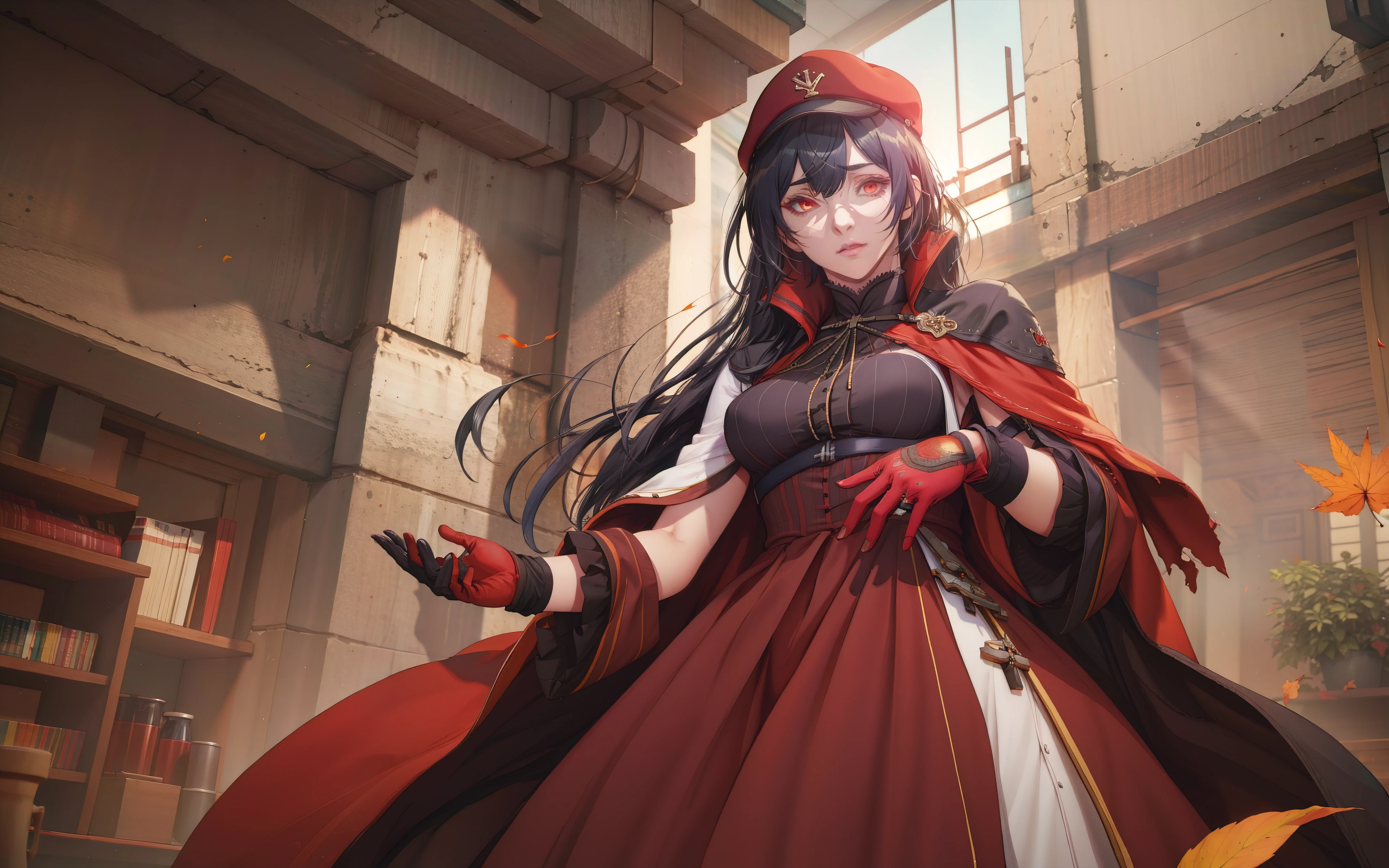 (black hair, long hair:1.7), 1girl, breasts, hat, gloves, autumn leafs, dress, solo, black_headwear, looking_at_viewer, medium_breasts, black_gloves, red_dress, torn_clothes,  standing, red_eyes, cloak, dutch_angle, from_below, indoors, holding, red_gloves, glow effects, godrays, Hand drawn, render, 8k, octane render, cinema 4d, blender, dark, atmospheric 4k ultra detailed, cinematic, Sharp focus, big depth of field, Masterpiece, colors, 3d octane render, 4k, concept art, trending on artstation, hyperrealistic, Vivid colors, extremely detailed CG unity 8k wallpaper, trending on CGSociety, Intricate, High Detail, dramatic