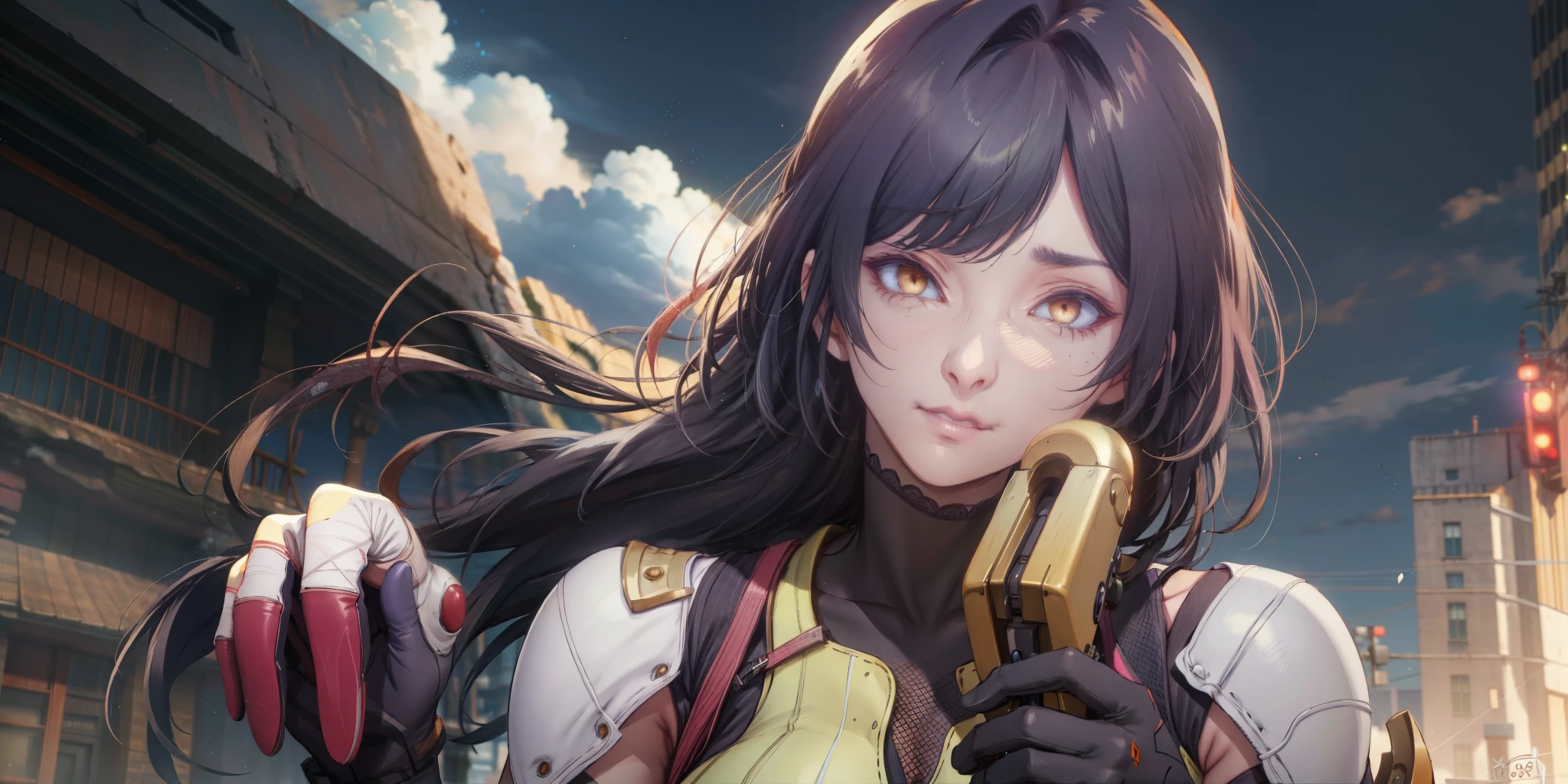 (black hair, long hair:1.7), hollow eyes, sweating, steaming face, smirk, upper teeth, yellow eyes,1girl, solo, wsword, gloves, looking_at_viewer, holding, breasts, sky, cloud, bandages, glow effects, godrays, Hand drawn, render, 8k, octane render, cinema 4d, blender, dark, atmospheric 4k ultra detailed, cinematic, Sharp focus, big depth of field, Masterpiece, colors, 3d octane render, 4k, concept art, trending on artstation, hyperrealistic, Vivid colors, extremely detailed CG unity 8k wallpaper, trending on CGSociety, Intricate, High Detail, dramatic