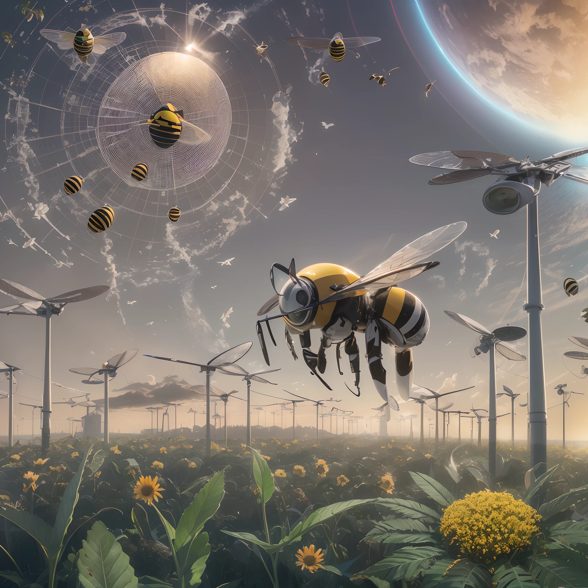 一张装有太阳能电池板的绿色星球图片，上面飞着一只蜜蜂, cleaning 未来, 8千 cleaning 未来, 16 k cleaning 未来, 封面艺术, 未来 concept art, near 未来 2 0 3 0, near 未来, 环境肖像, 太阳能!!!, 环境概念艺术, 未来, 太阳能 未来, 官方艺术, 太阳能, 封面照片, 美丽的, 锋利的, 電影, 轻松将其转换为视频,16千, 8千 , 并使用其中的任何人--auto