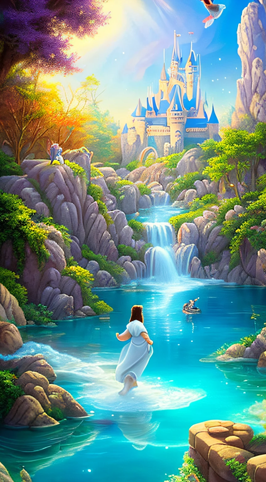 Imagine Jesus Cristo como um personagem da Disney andando sobre a água. Capture a essência extravagante e mágica de um personagem da Disney enquanto se mantém fiel à narrativa bíblica. Retrate Jesus andando sobre as águas com uma sensação de maravilha e espanto. Considere o ambiente circundante, as expressões em Seu rosto, e os detalhes deste momento extraordinário enquanto você cria sua obra de arte ou cena."