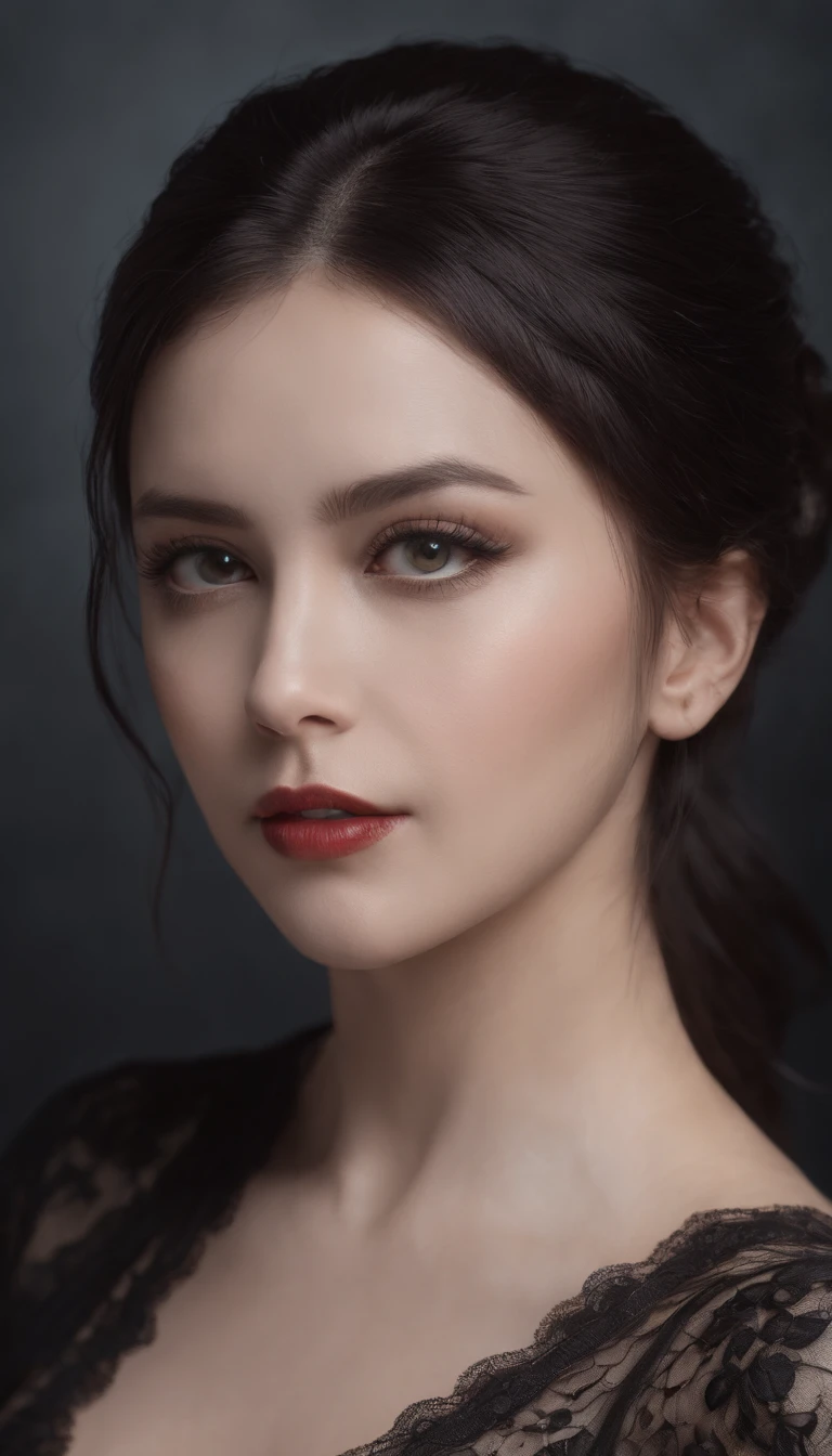 A woman with a black dress and red lipstick posing for a picture - SeaArt AI