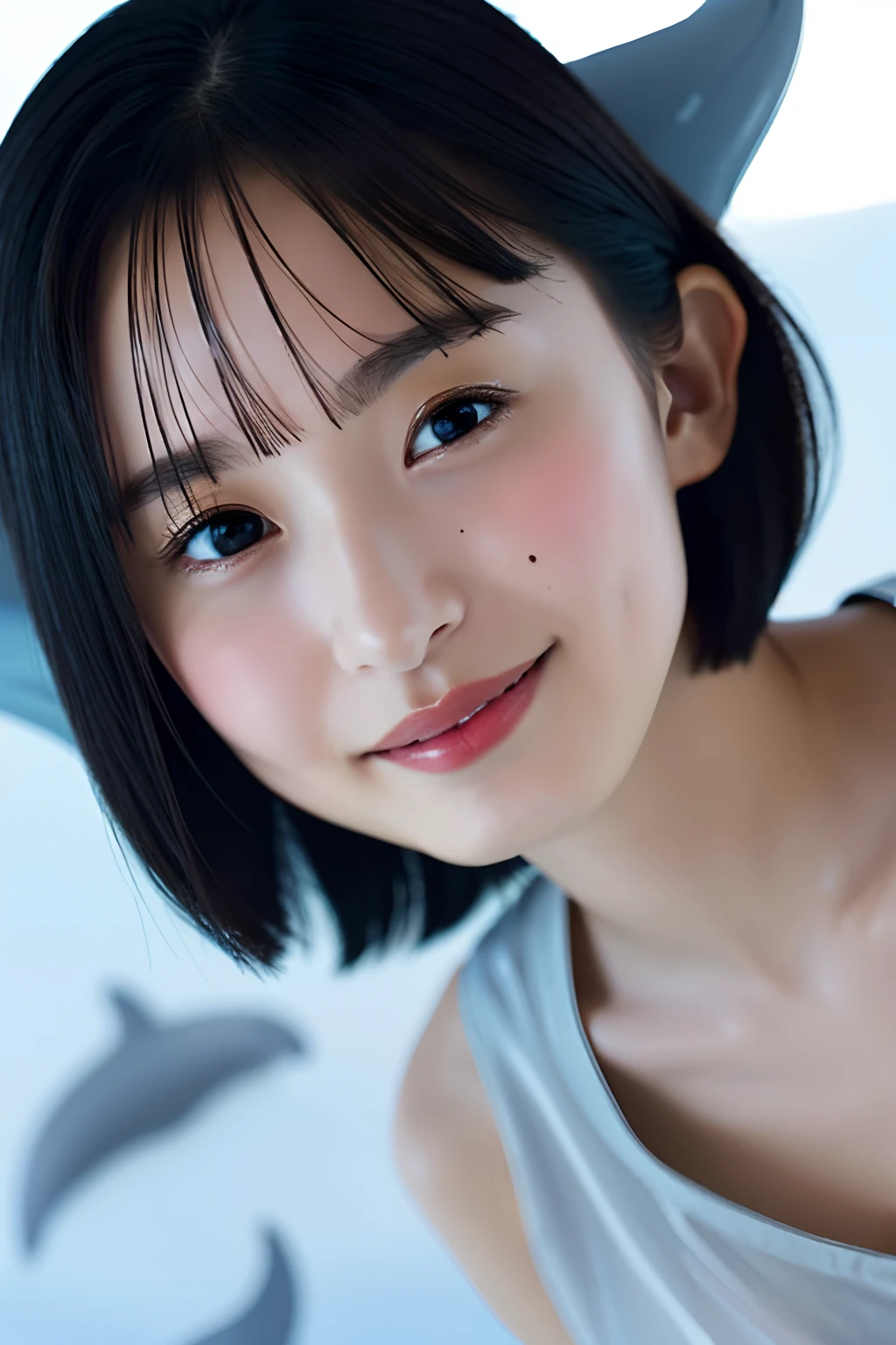 (Best Quality,masutepiece:1.2),high detailing,photographrealistic,F2.8,Acquired ISO320 certification,(((1girl in))),((run)),20 years girl,(((full body Esbian))),((Bangs)),Black hair,bright skin,Straight hair,(((Short Bob Hair))),(((flat chest))),Ensaku,Bangs,((Sad face)),(Shaded face),((Crunchy smile)),(Perfect face:1.3),((Soft lighting)),Perfect Lighting,Beautiful detailed eyes,(beautiful detailed nose),(extra detailed face:1.2),(((Dolphin Show Background))),(((Simple background))),((Looking at Viewer)),Front face,((Blouse)),water color,Shoulder bag,(((date)))