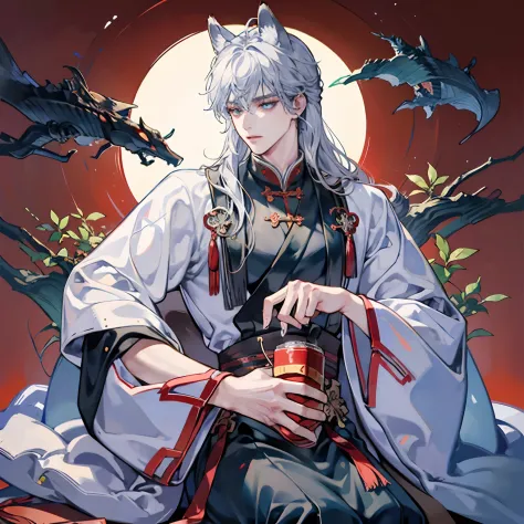 tmasterpiece，need，a man，china-style，chinese ancient times，silverhair，dishiveredhair，long whitr hair，with long bangs，handsome，vir...