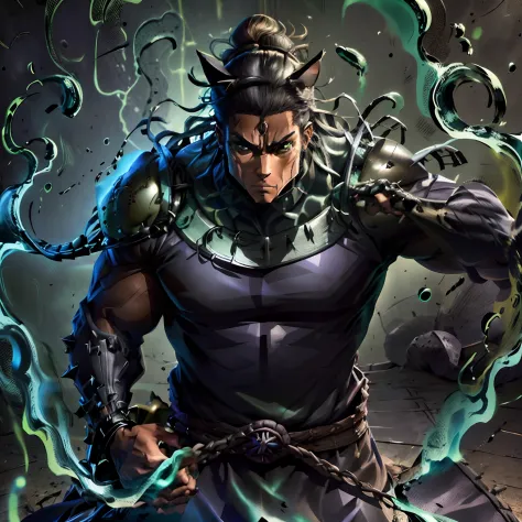 (Black spikey long hair), (dark skinned male), (muscular), (cat ears), (green eyes), (black samurai armor), (long hair), (spikey...