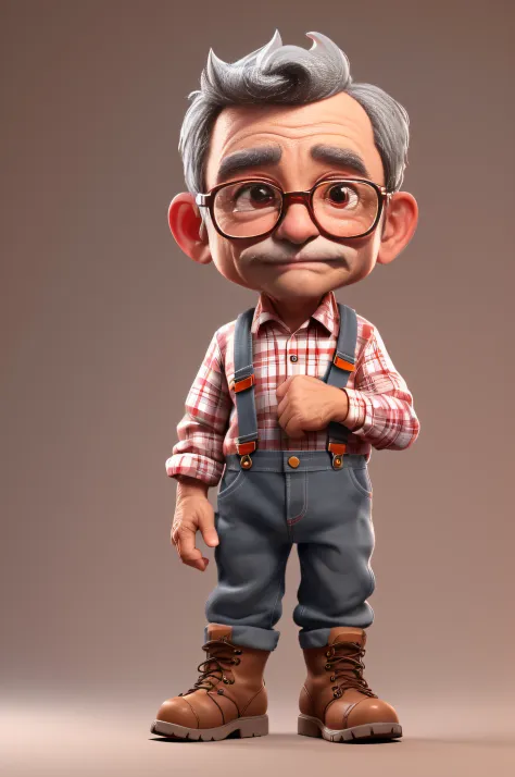 3dcharacter,(1man, wrinkled face, old  male:1.2),   __eyecolor__ eyes, dark grey__hair-male__, glasses, (full body:1.2),plaid shirt, overalls, brown work boots, simple background, masterpiece,best quality,(light Red gradient background:1.1)