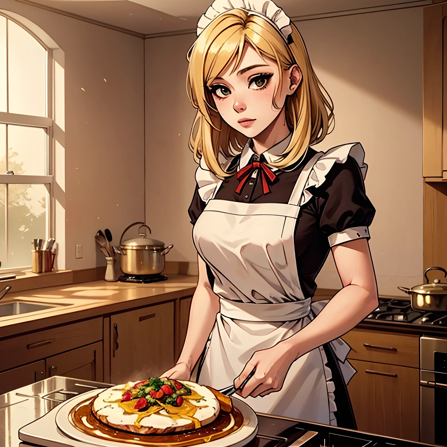 a young adult women, blond long_hime_cut_hairstyle, hazel eyes, maid attire., cooking food, mansion kitchen, 4k, HD, detailed, masterpiece, medium shots