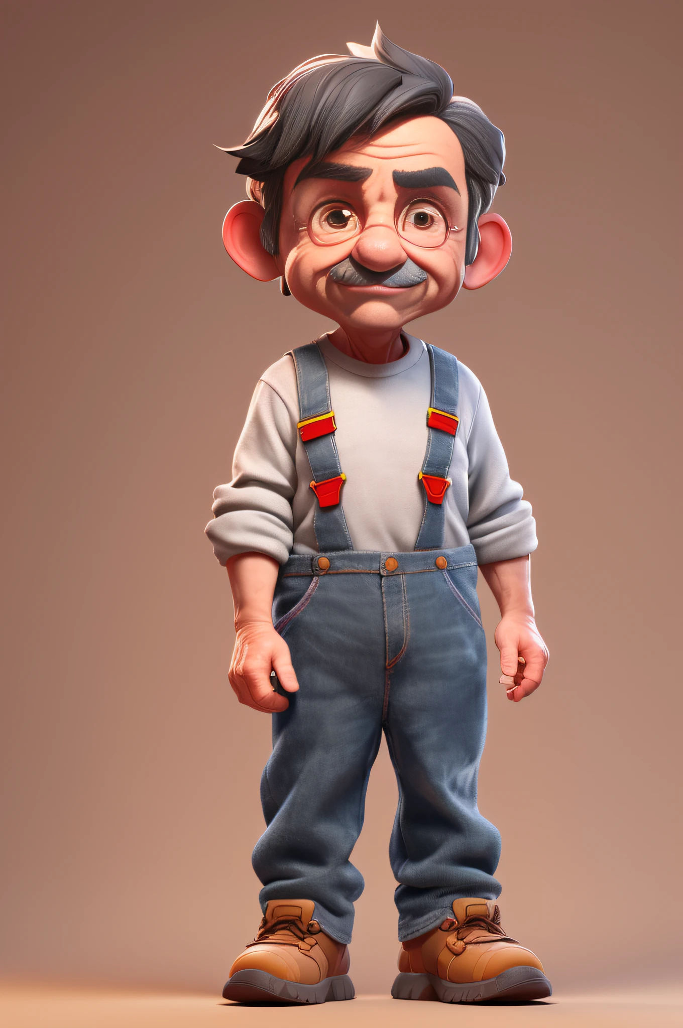 3dcharacter,(1man, wrinkled face, old  male:1.2),   __eyecolor__ eyes, dark grey__hair-male__, (full body:1.2),plaid shirt, overalls, brown work boots, simple background, masterpiece,best quality,(light Red gradient background:1.1)