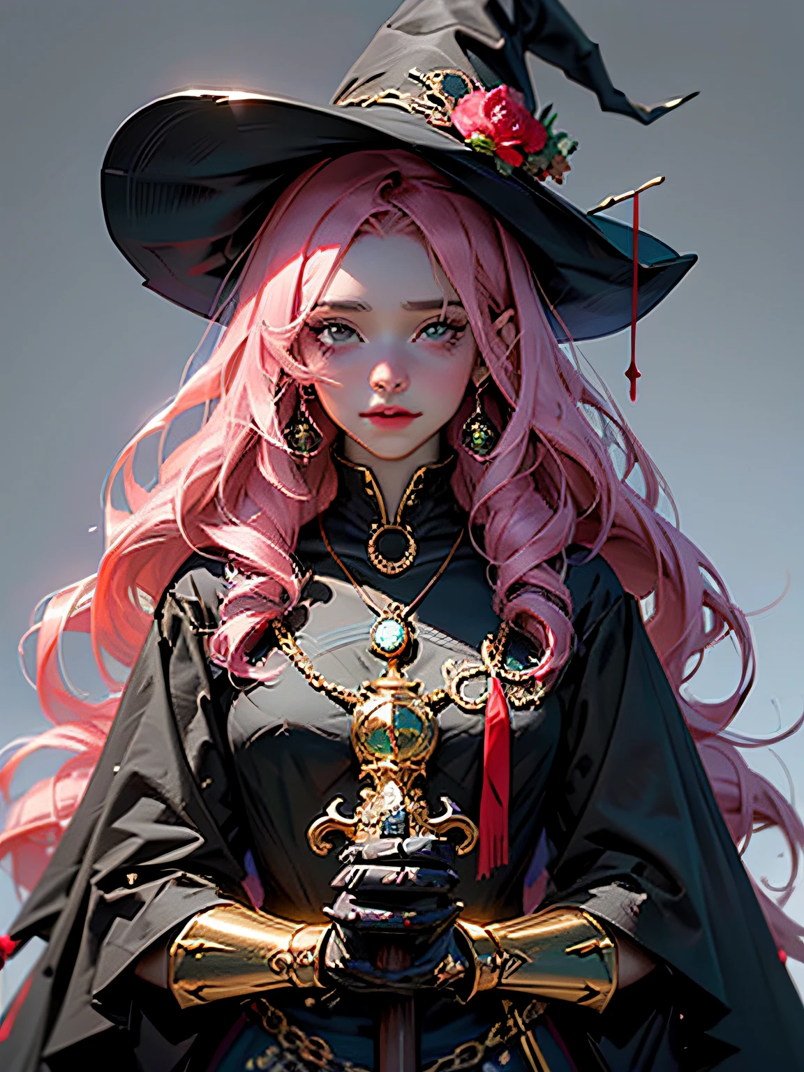 Witch woman with long pink hair and a pointed hat wears black clothes, She is holding a long stick with a red crystal on the spot that emits a red light, a bruxa se encontra na frente de uma casa no estilo medieval no meio de uma floresta kawaii retrato realista, Guweiz, portrait of magical young girl, personagem bonito, Belo estilo de arte, Arte do Personagem Fantastic Story, Retrato bonito, Retrato bonito da mulher, Arte realista, a forma mais bonita do caos, elegante, um design brutalista, cores vivas, romantismo