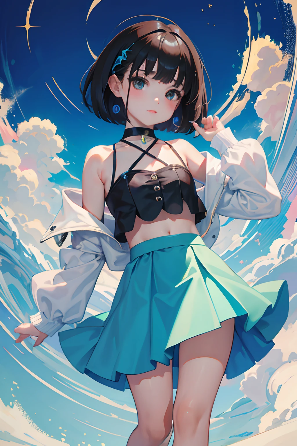 （​masterpiece，Highest Quality），(child:1.3)，(Crop Top Look，skirt by the)，Turquoise Lolita Clothing，(A dark-haired，Medium bob)，embarrassed from，Delicate body， body，Shoulder