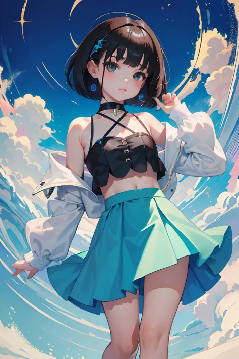 （​masterpiece，Highest Quality），(child:1.3)，(Crop Top Look，skirt by the)，Turquoise Lolita Clothing，(A dark-haired，Medium bob)，embarrassed from，Delicate body，petite body，Shoulder