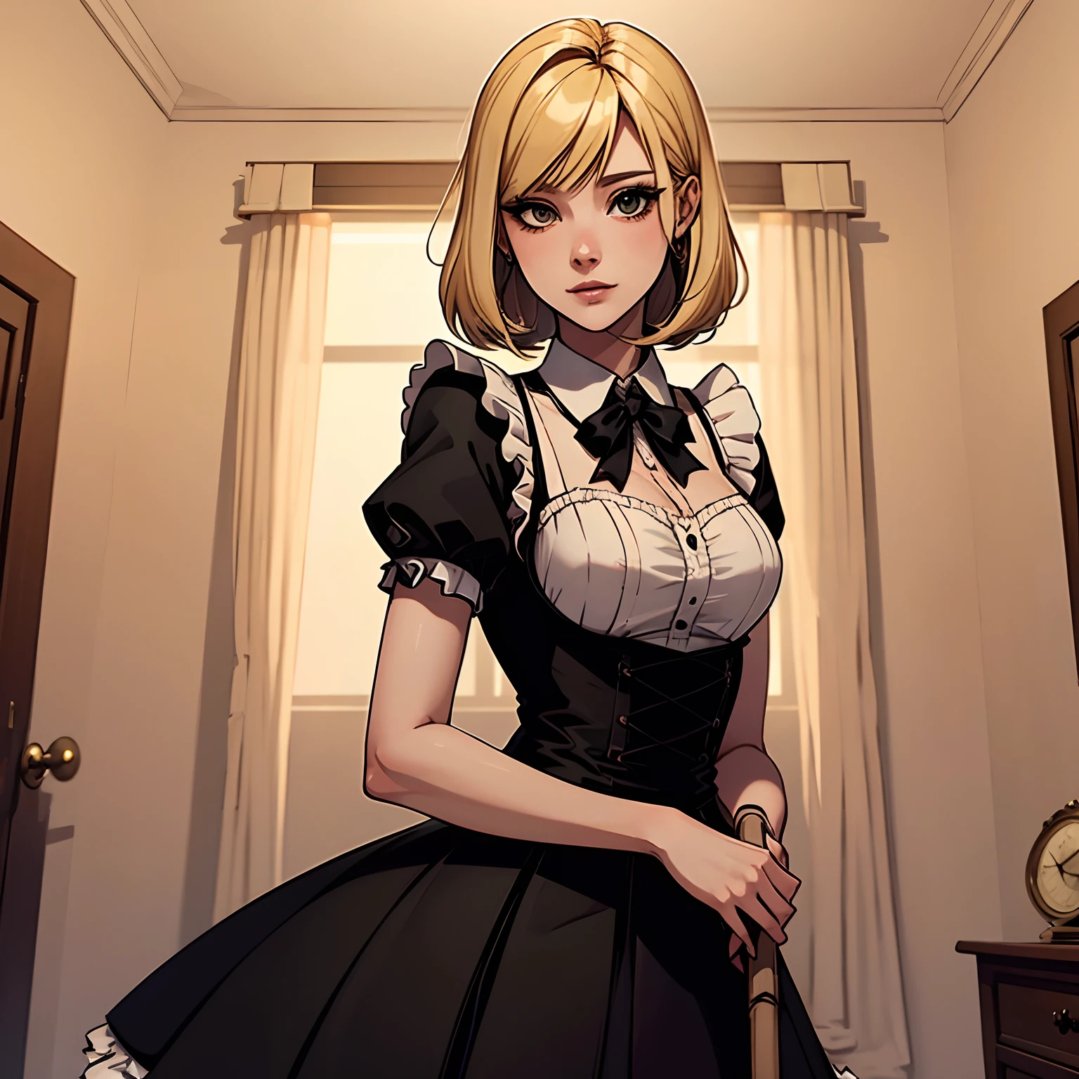 a young adult women, blond long_hime_cut_hairstyle, hazel eyes, black maid attire, cleaning mansion hall, broom, 4k, HD, detailed, masterpiece, medium shots