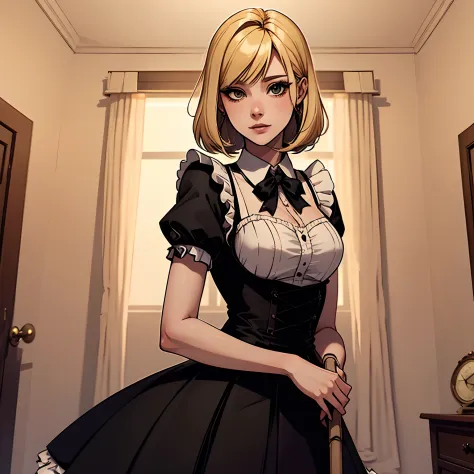 a young adult women, blond long_hime_cut_hairstyle, hazel eyes, black maid attire, cleaning mansion hall, broom, 4k, HD, detaile...